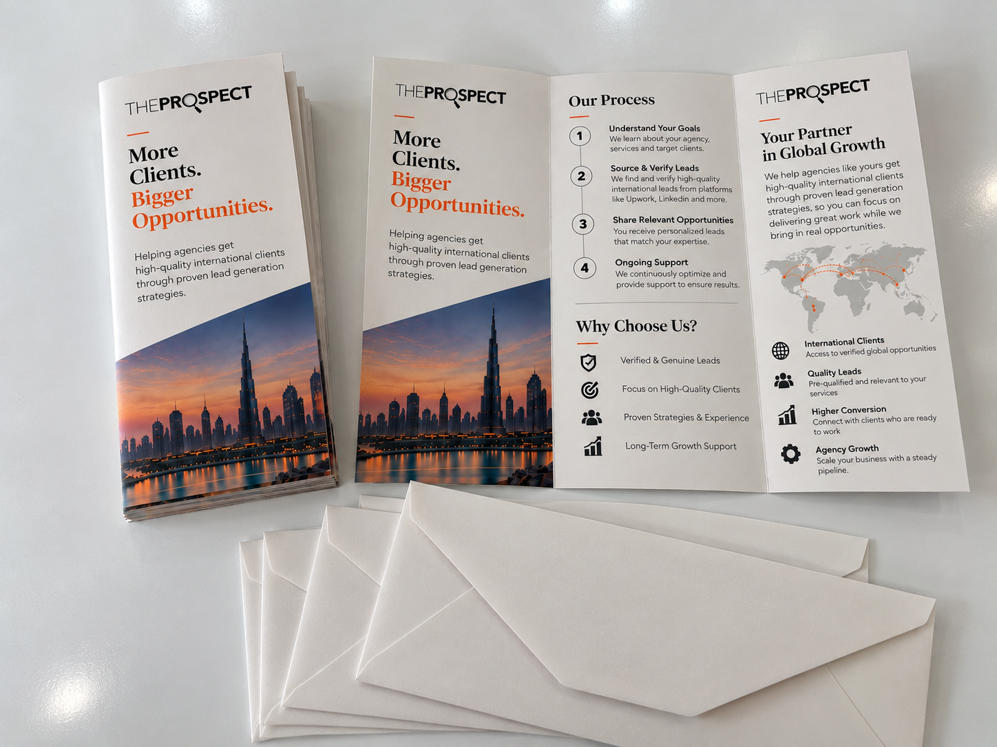 TheProspect lead-generation tri-fold mailer with envelopes