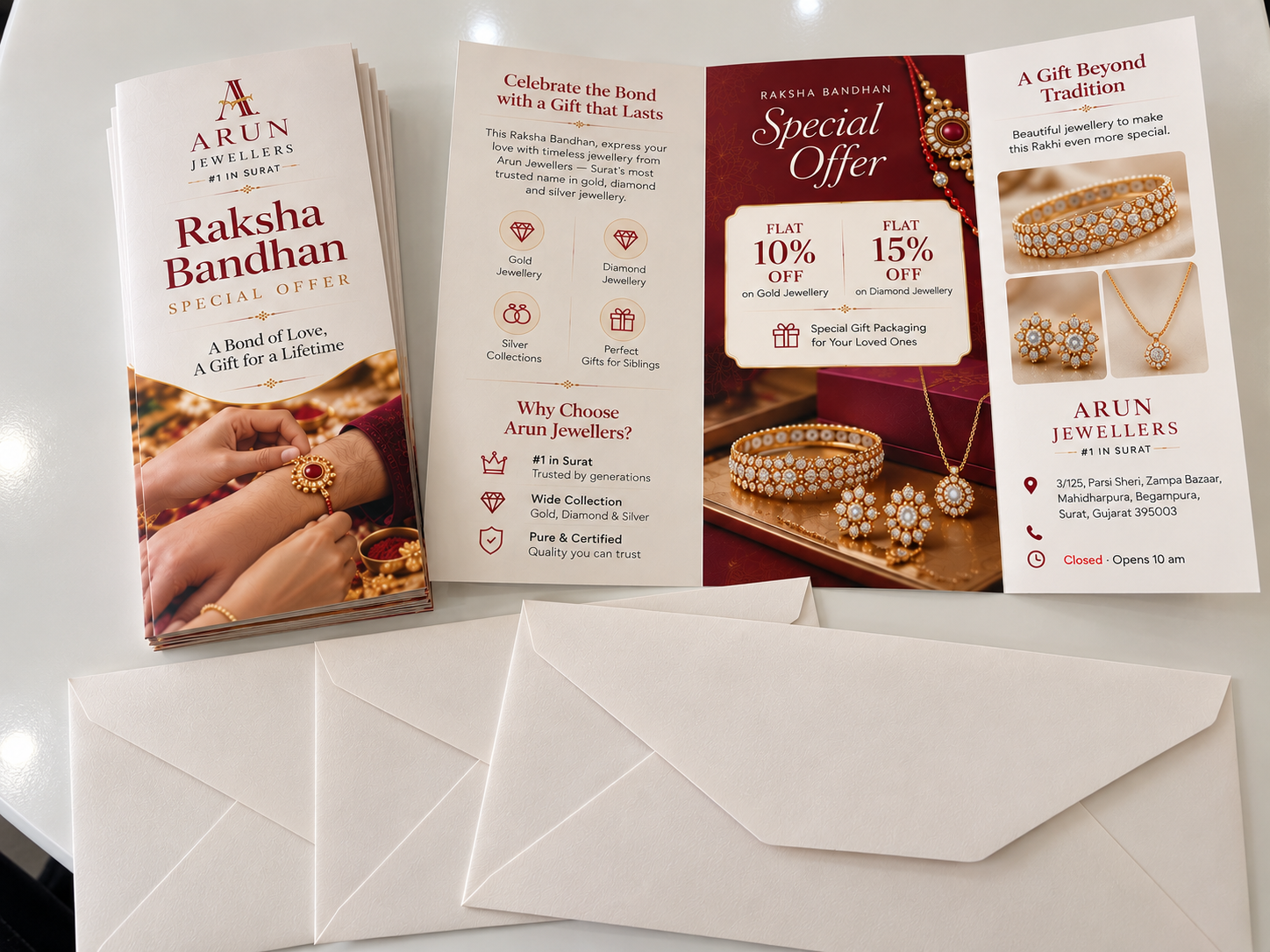 Arun Jewellers Raksha Bandhan tri-fold offer mailer with envelopes